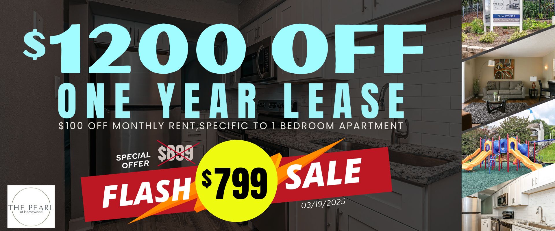 $1200 off one year lease. $100 off monthly rent, specific to 1 bedroom apartment